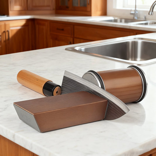 Aiguiseur couteau bois massif avec base antidérapante sur plan de travail marbre – Duocuisine