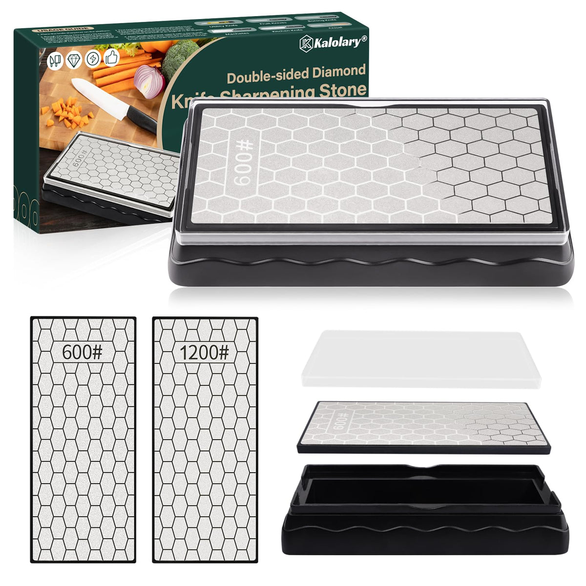 Pierre à aiguiser diamant Kalolary double face grain 600 1200 et contenu de la boîte