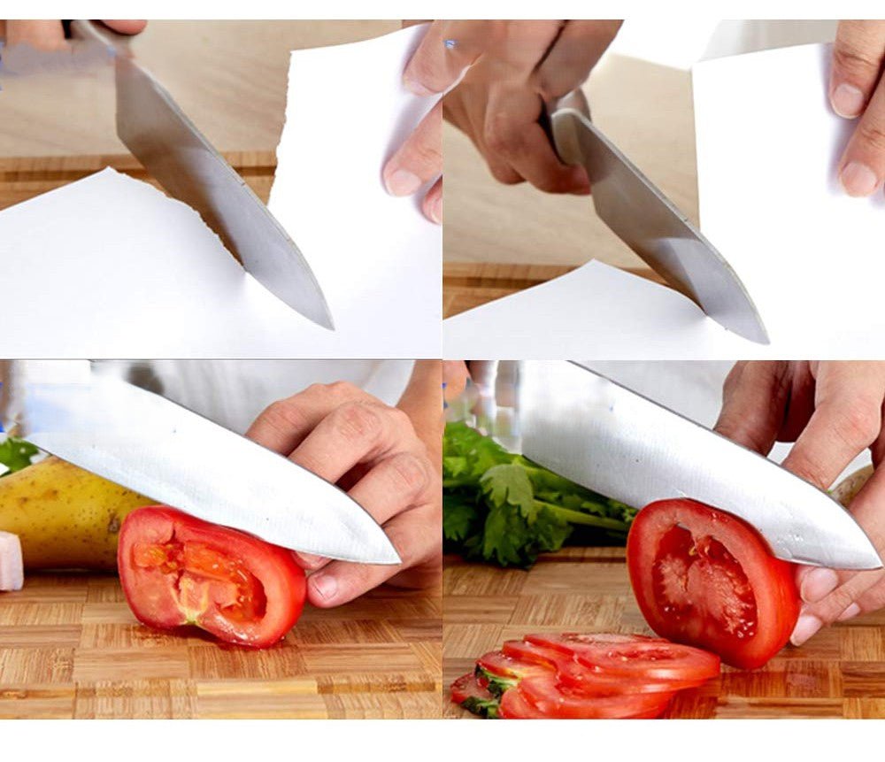 Résultat avant après affûtage couteau sur papier et tomate – pierre diamant grain 600