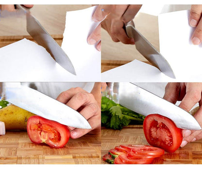 Résultat avant après affûtage couteau sur papier et tomate – pierre diamant grain 600