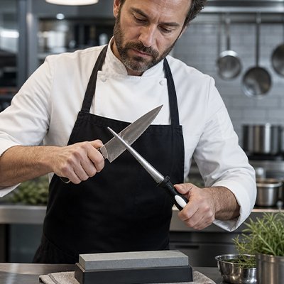 Chef professionnel utilisant un acier à aiguiser inox tige effilée en cuisine