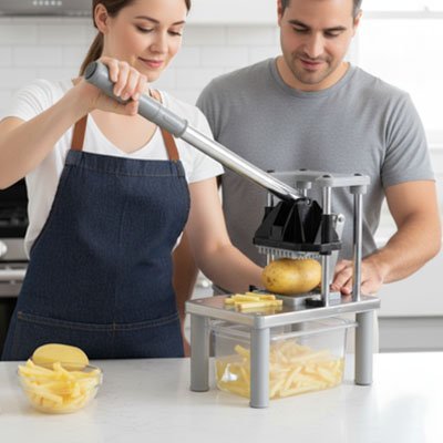 Coupe-frite professionnel inox – couple utilisant la machine pour couper des pommes de terre en cuisine