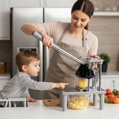 Mère et enfant utilisant coupe-frite professionnel inox pour couper des pommes de terre en frites