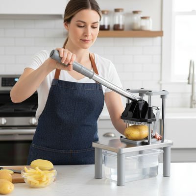 Femme utilisant coupe-frite professionnel inox pour découper une pomme de terre – cuisine moderne