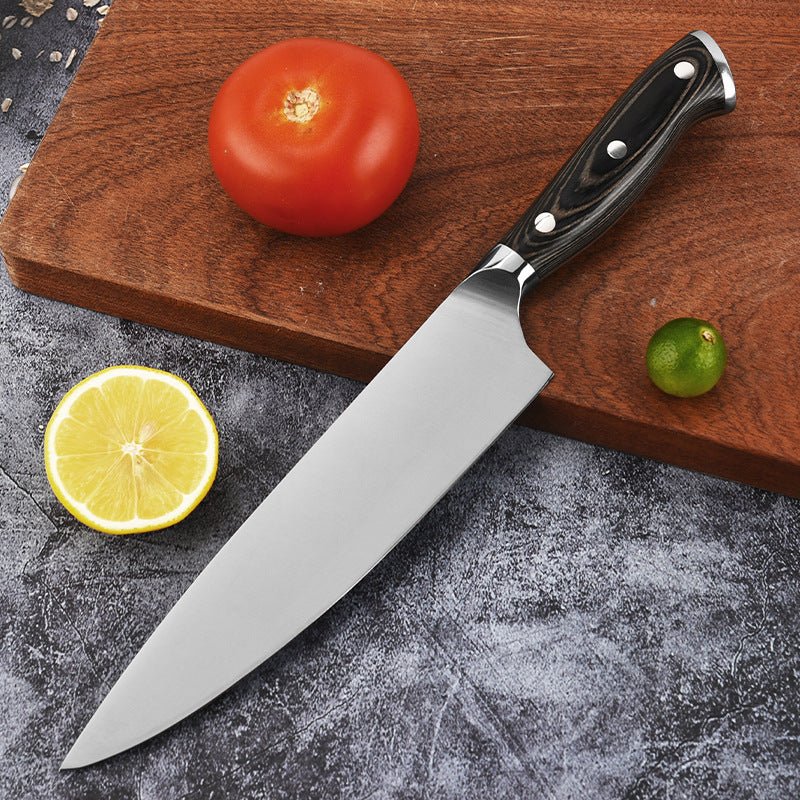Couteau japonais chef Kyoku lame acier inox manche pakkawood noir – tomate citron et citron vert sur planche acacia fond gris