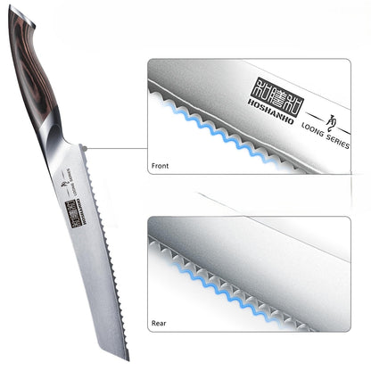 Détail lame dentelée double face couteau à pain Hoshanho Loong Series – dents avant et arrière acier inox