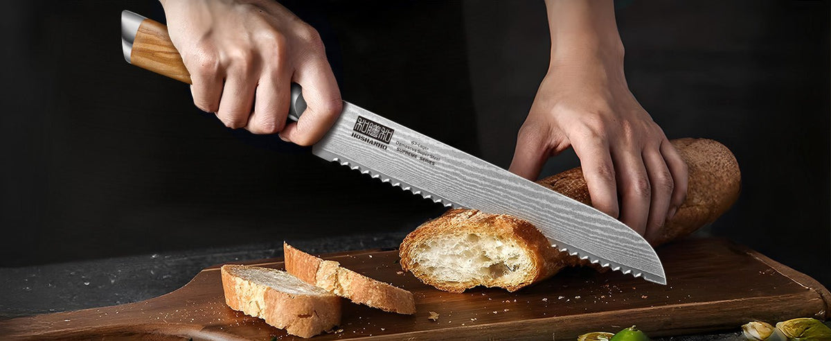 Chef tranchant du pain avec couteau à pain japonais Hoshanho lame Damascus et manche brun