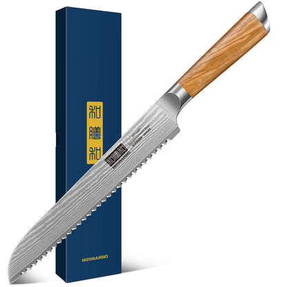 Couteau à pain Hoshanho Supreme Series lame acier Damascus 67 couches vue de profil
