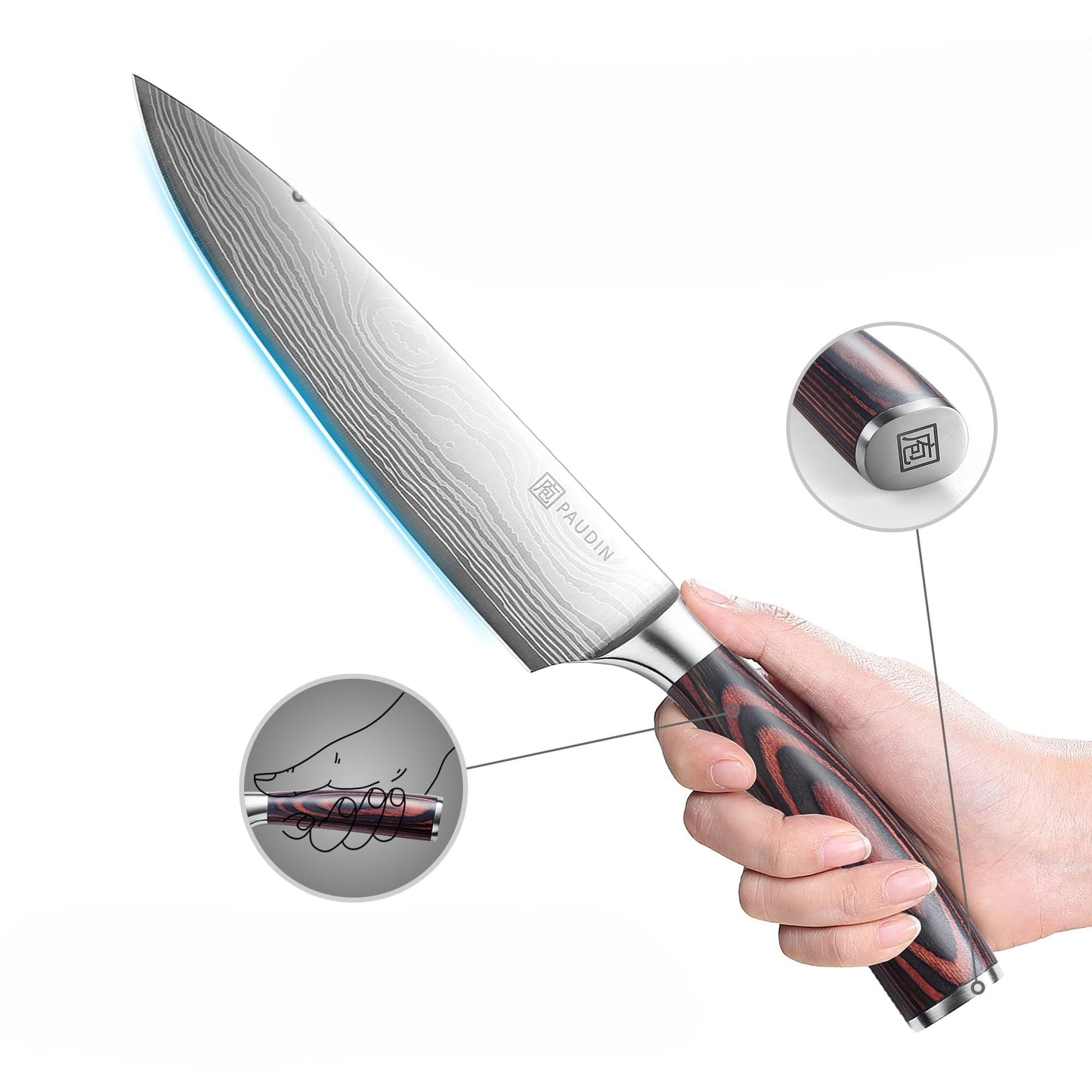 Détail lame Damascus couteau chef Paudin – manche pakkawood ergonomique et logo gravé sur fond blanc
