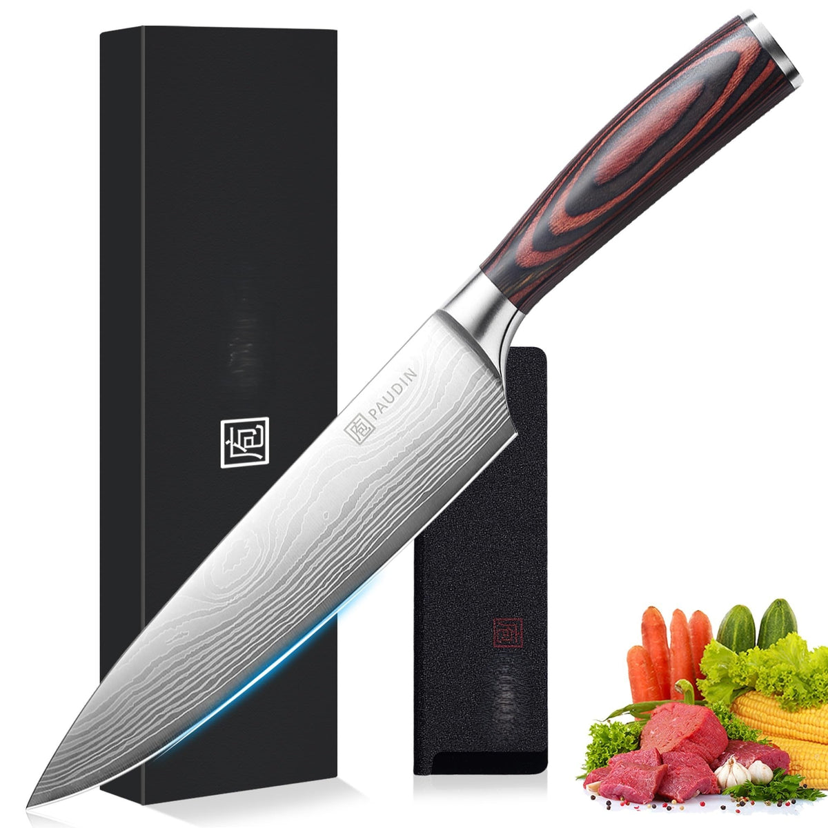 Couteau chef Paudin lame Damascus manche pakkawood avec boîte cadeau noire et étui – viande et légumes frais – Duocuisine