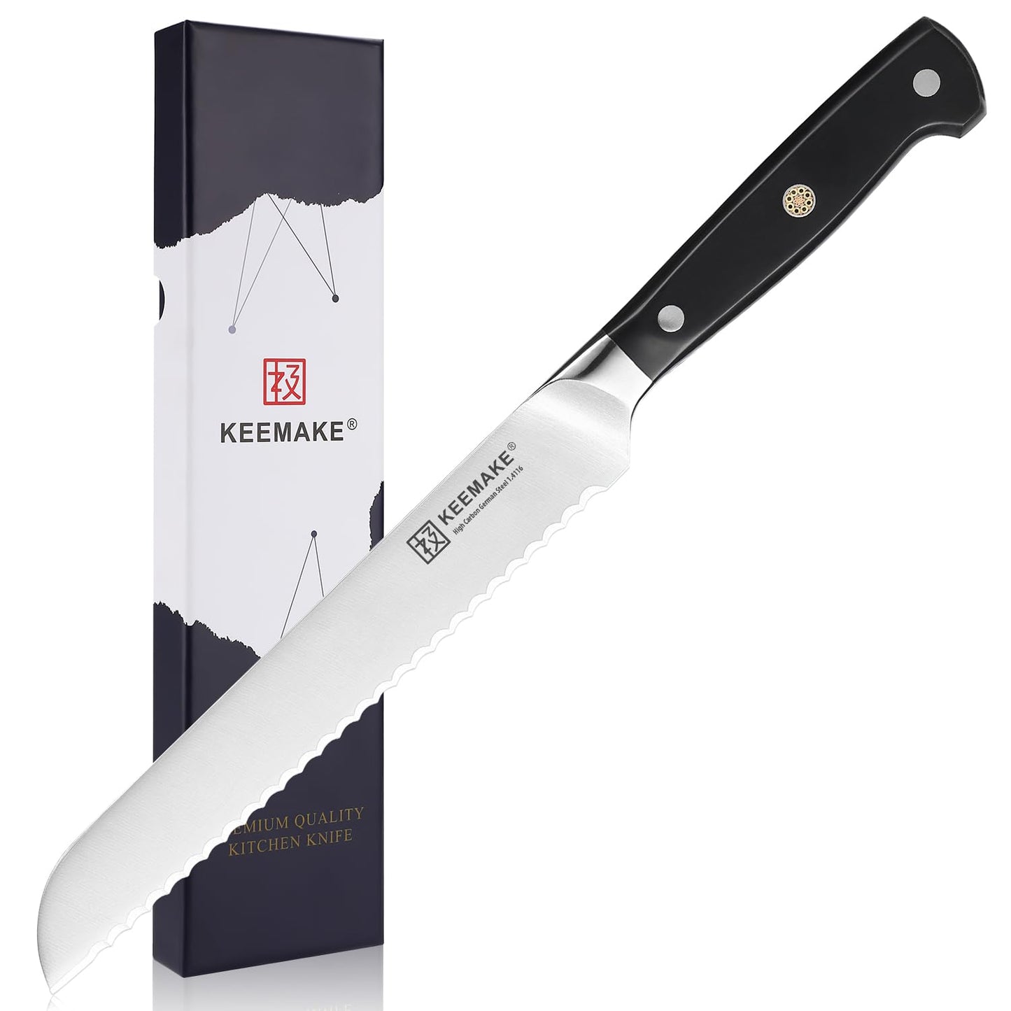 Couteau à pain professionnel Keemake lame dentelée acier inoxydable manche noir
