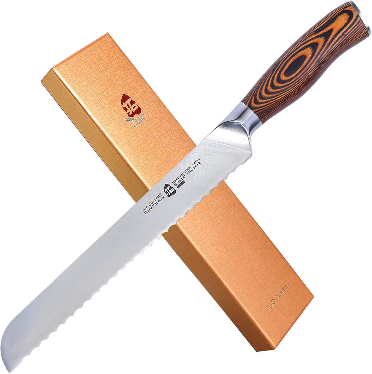 Couteau à pain Tuo Fiery Phoenix 9 pouces lame dentelée manche pakkawood avec boîte dorée – Duocuisine