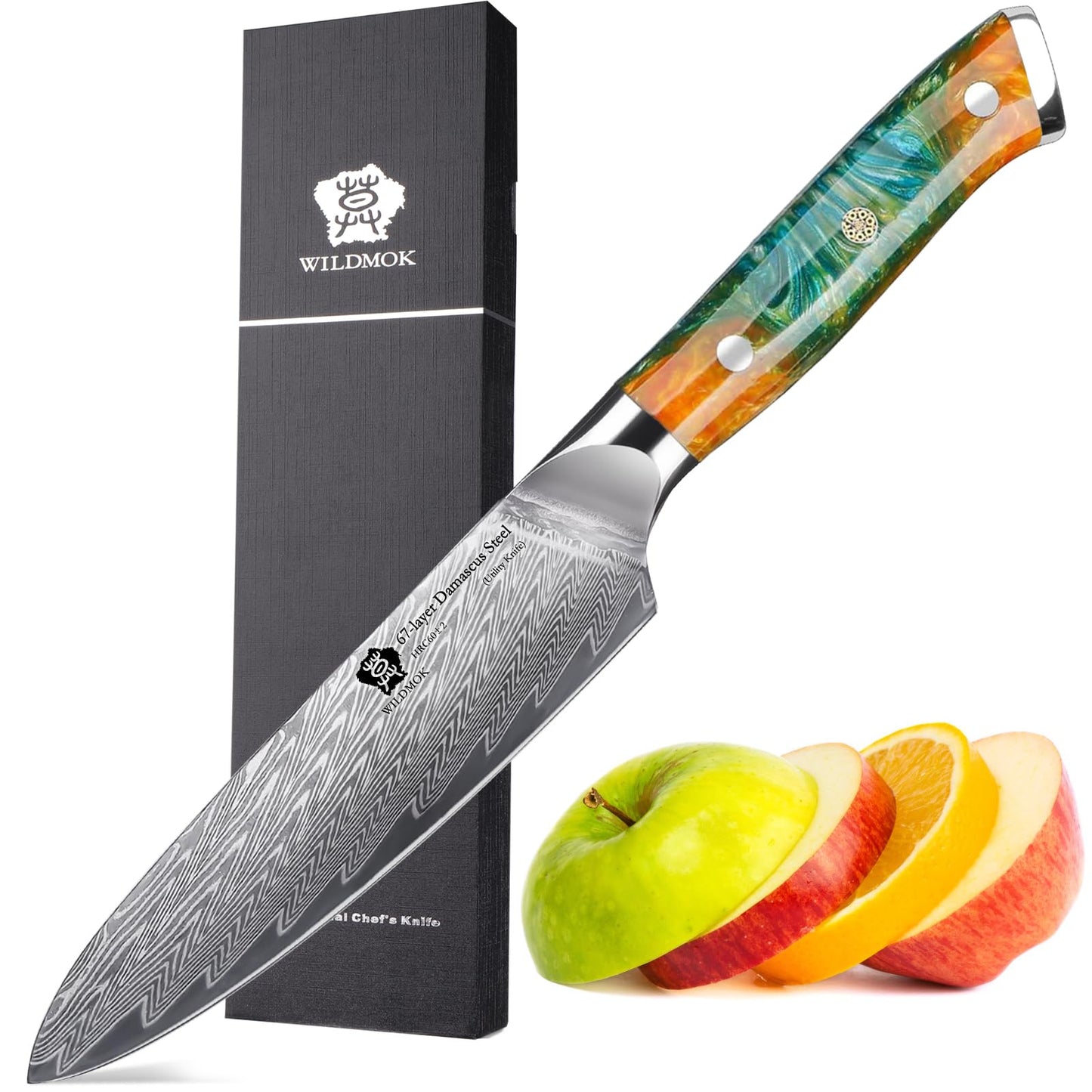 Couteau utilitaire Wildmok Damascus manche résine multicolore avec boîte cadeau noire et fruits