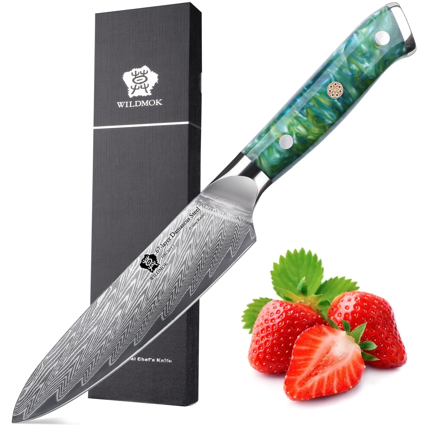Couteau utilitaire Wildmok Damascus manche résine verte avec boîte cadeau noire et fraises