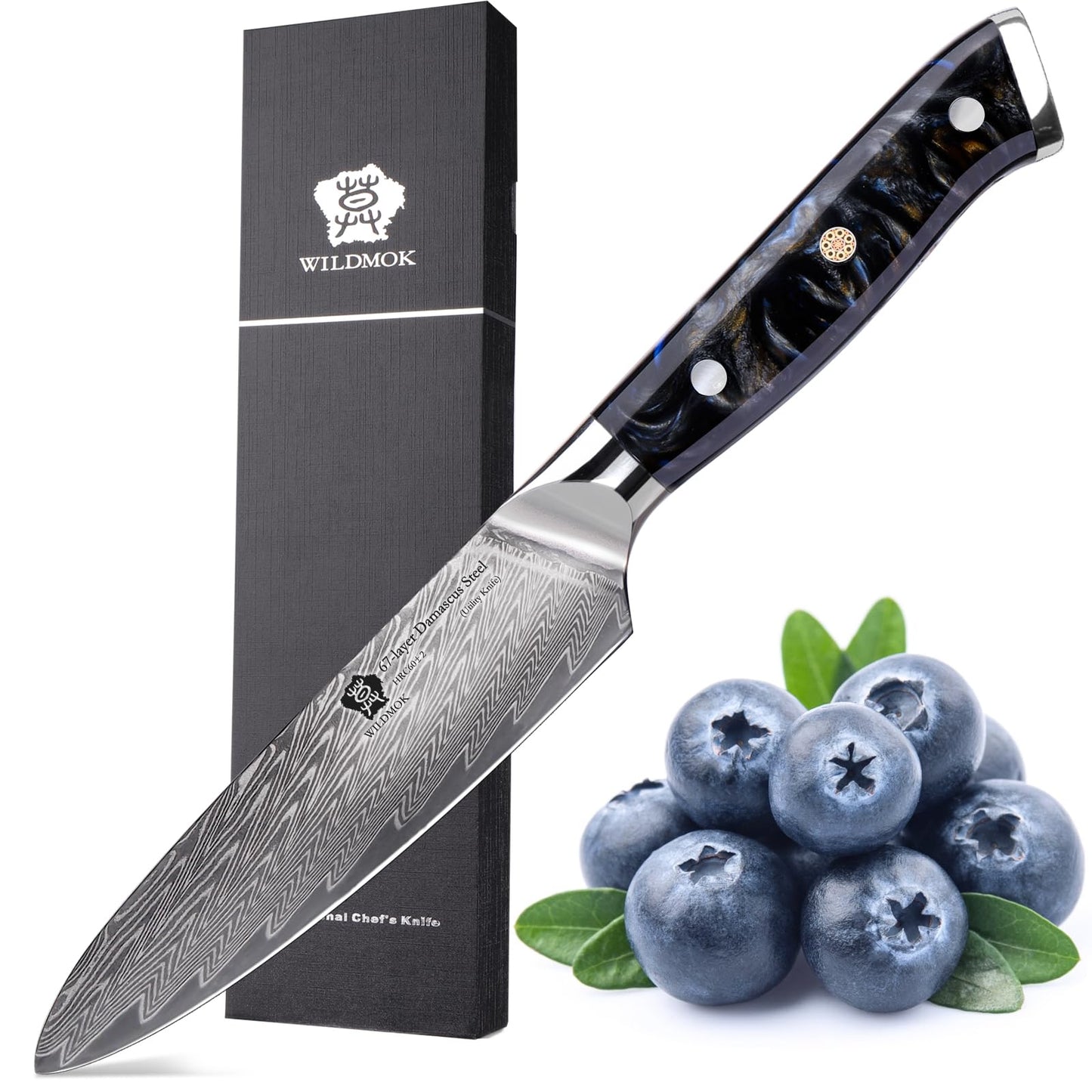 Couteau utilitaire Wildmok Damascus manche résine orange avec boîte cadeau noire et pommes