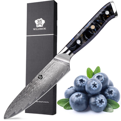 Couteau utilitaire Wildmok Damascus manche résine orange avec boîte cadeau noire et pommes