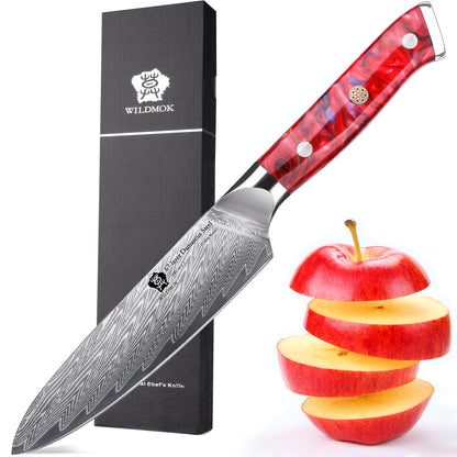 Couteau utilitaire Wildmok Damascus manche résine rouge avec boîte cadeau noire – vue de face