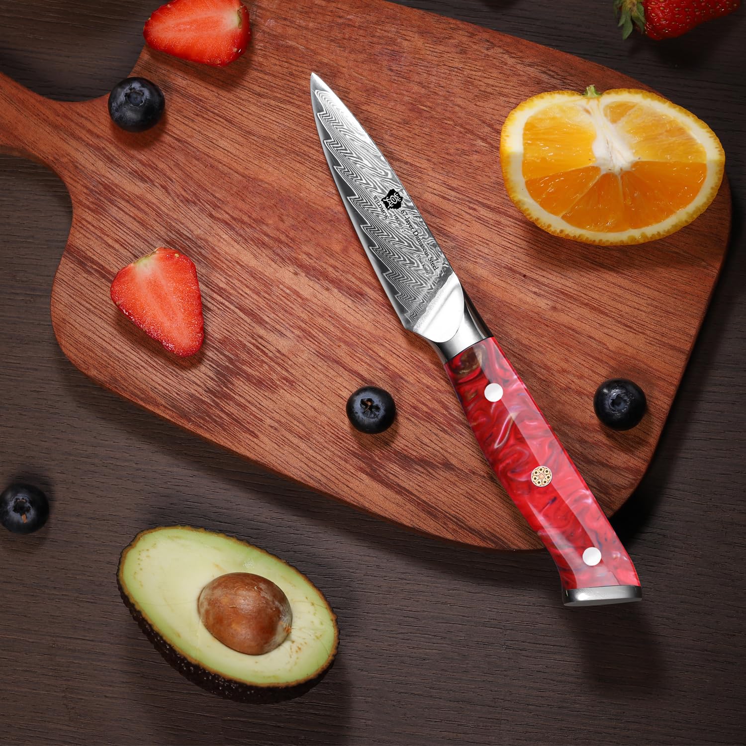 Couteau utilitaire Wildmok Damascus 67 couches lame inox manche résine rouge – Duocuisine