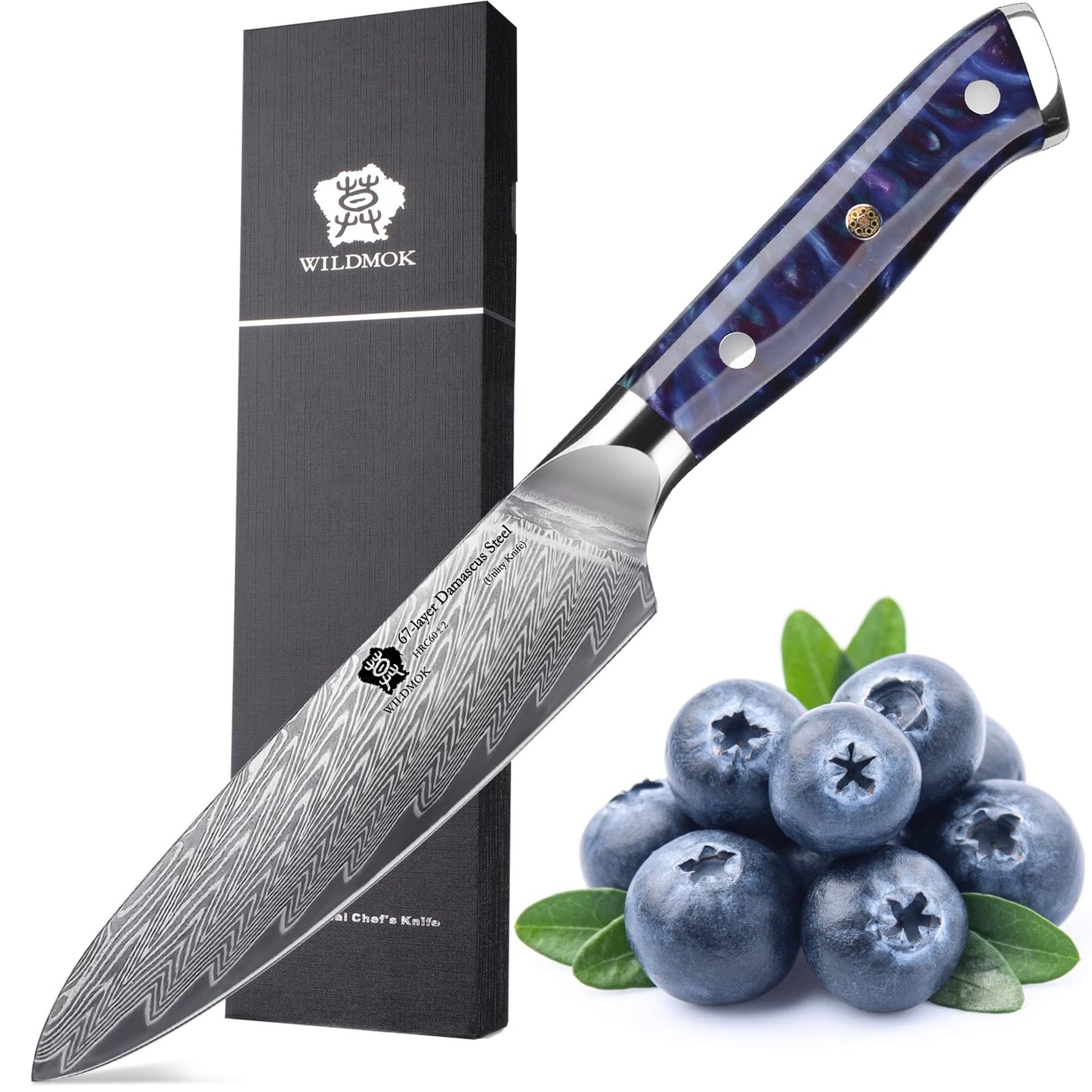 Couteau utilitaire Wildmok Damascus manche résine bleue avec boîte cadeau noire – Wildmok