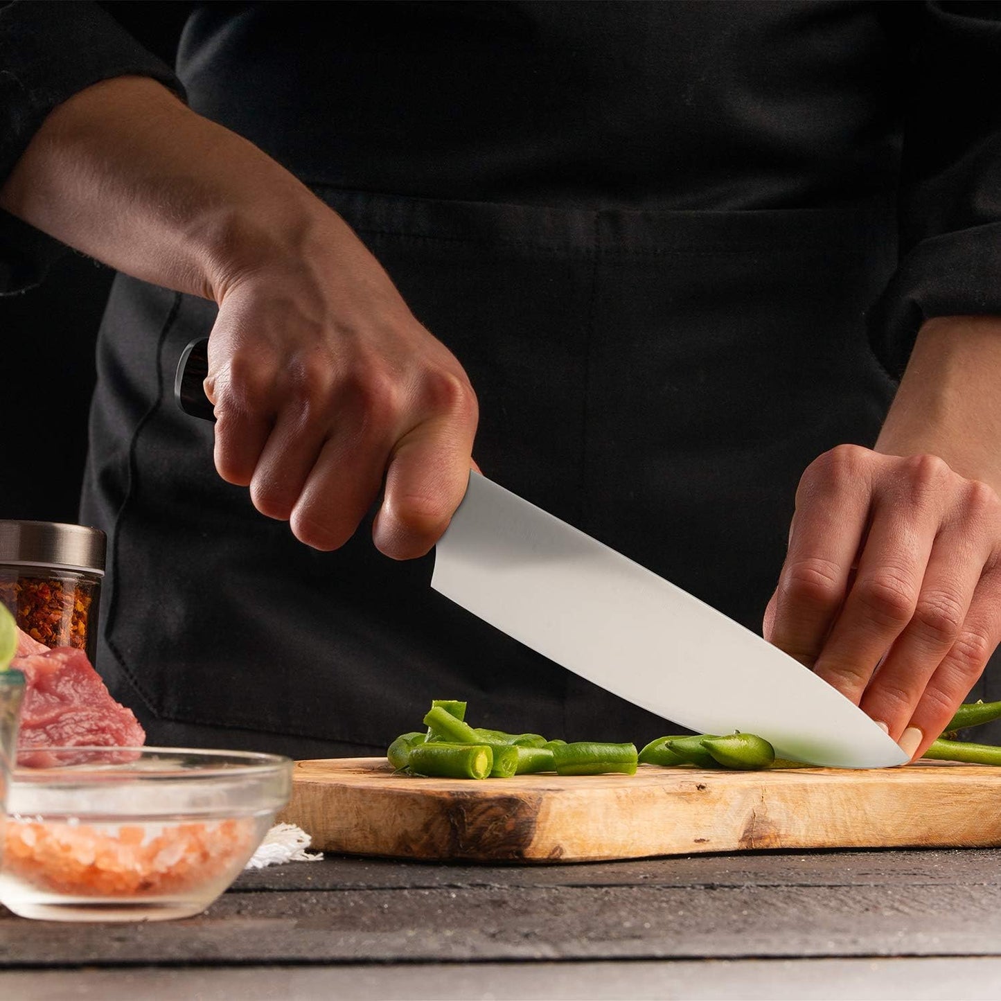 Couteau japonais chef Imarku – vue de profil complète, lame et manche