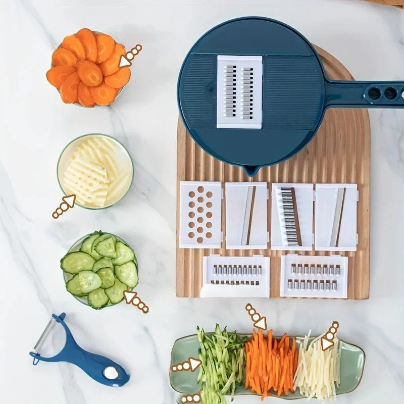 CutShredGrater™ râpe à légumes manuelle montrant toutes les lames