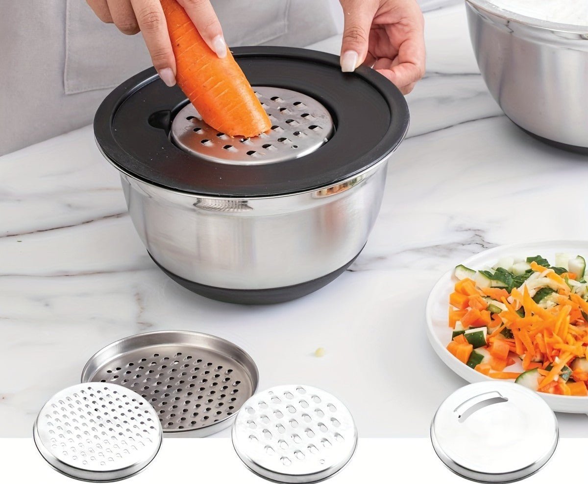 Ensemble de 5 bols en inox avec couvercle et 3 râpes - Duocuisine