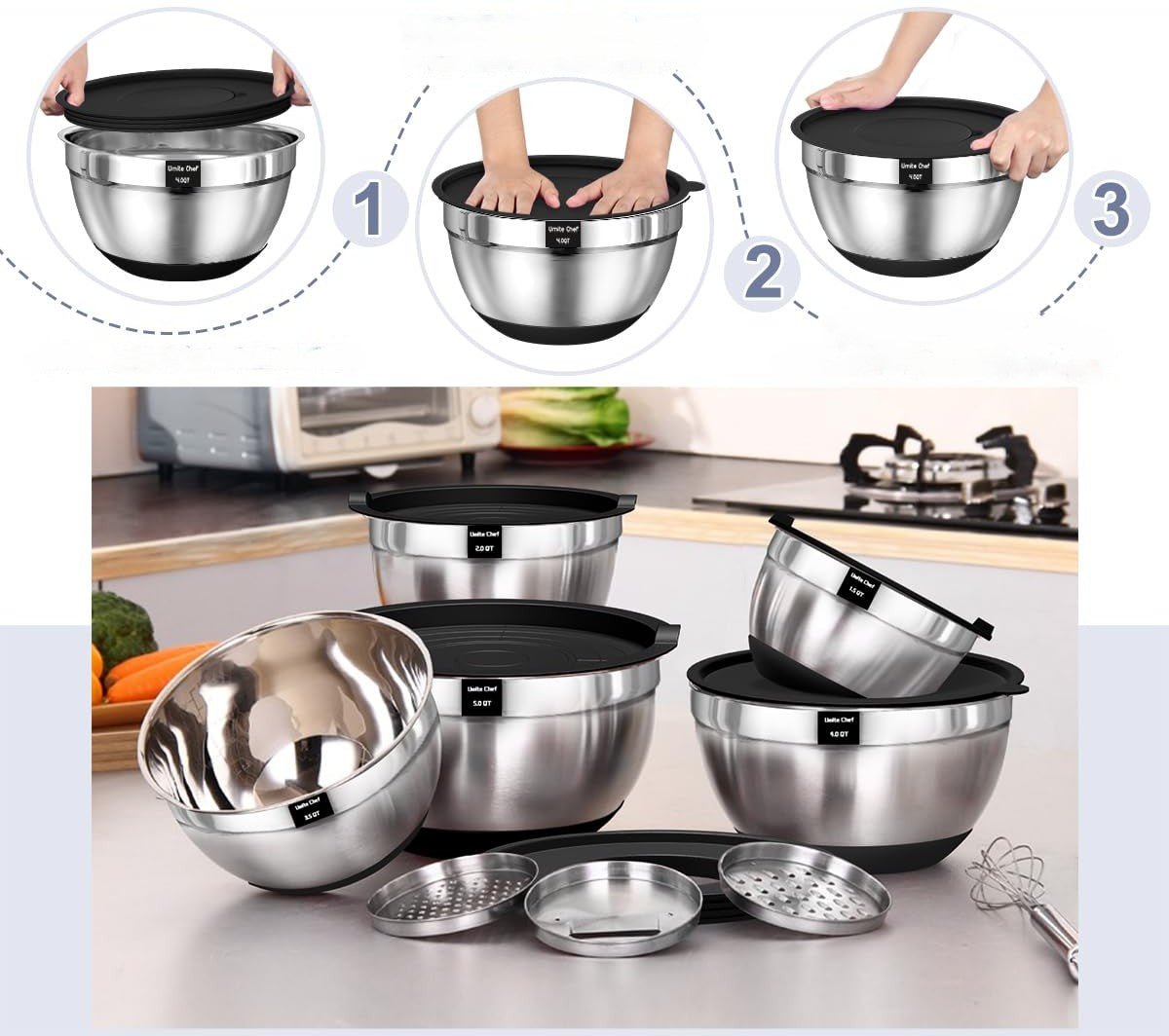 Ensemble de 5 bols en inox avec couvercle et 3 râpes - Duocuisine