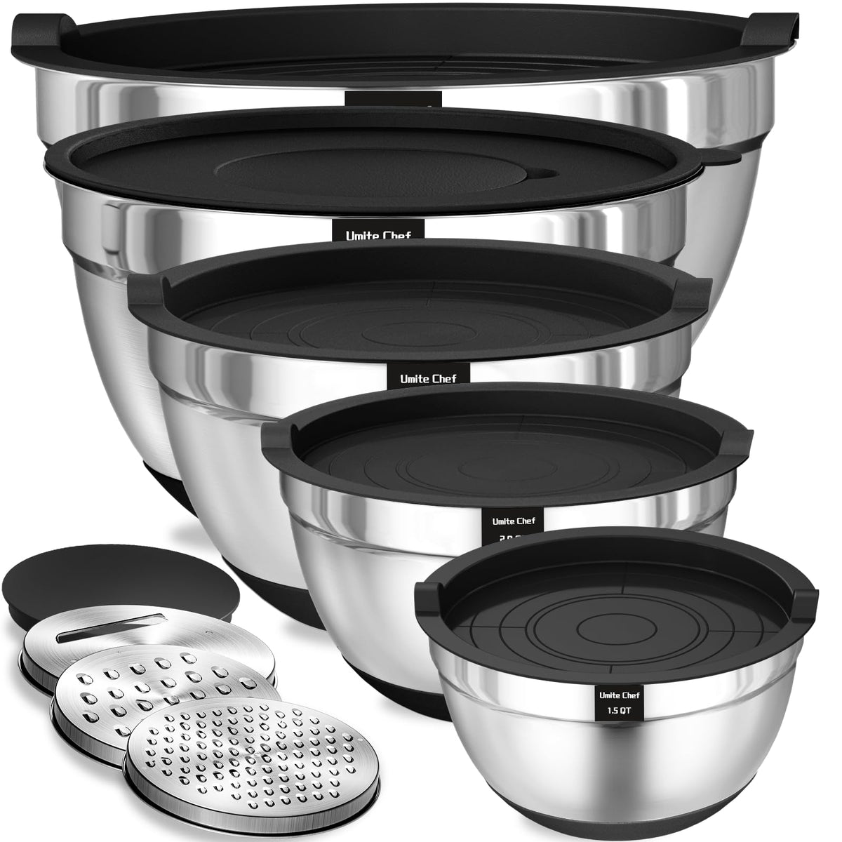 Ensemble de 5 bols en inox avec couvercle et 3 râpes - Duocuisine
