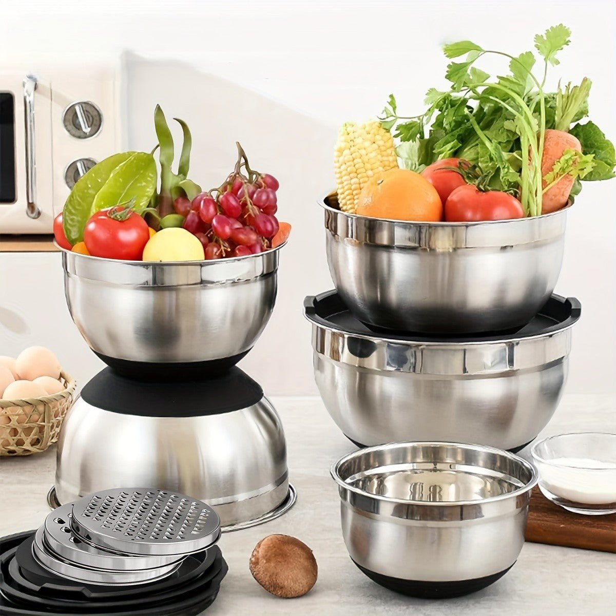 Ensemble de 5 bols en inox avec couvercle et 3 râpes - Duocuisine
