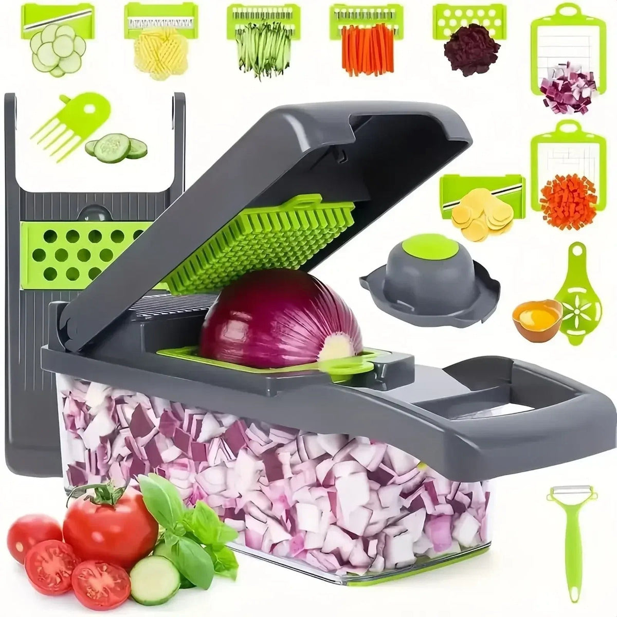 Hachoir multifonctionnel gris – découpe rapide de légumes et fruits
