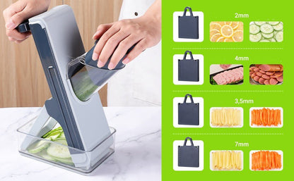 Mains utilisant mandoline cuisine multifonction grise – tranchage pomme de terre julienne concombre – récipient transparent