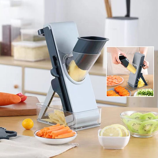 Mandoline cuisine multifonction grise – réglage épaisseur coupe flèches vertes – récipient transparen