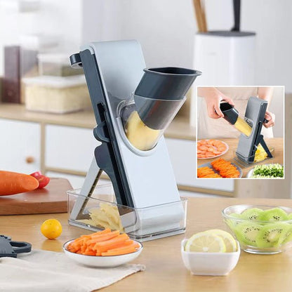 Mandoline cuisine multifonction grise – réglage épaisseur coupe flèches vertes – récipient transparen