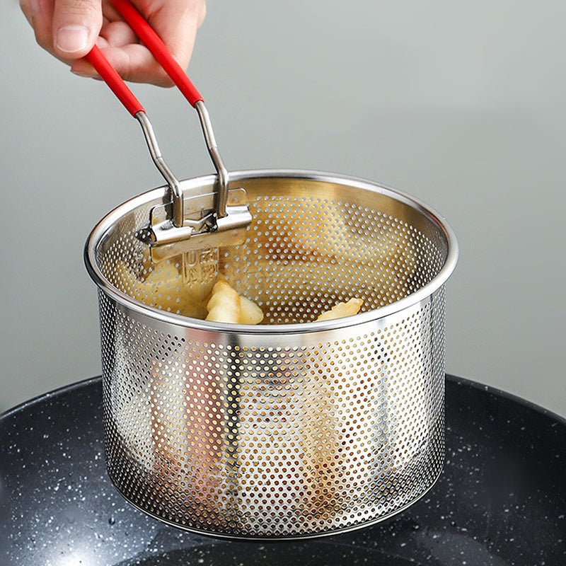 Panier friteuse inox ultra-pratique – polyvalent frites légumes pâtes poignée rouge