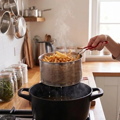Panier friteuse inox ultra-pratique poignée rouge – égouttage pâtes sur casserole noire en cuisine