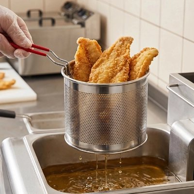 PassoirePanier friteuse inox ultra-pratique avec poignée rouge – égouttage poulet frit en cuisine professionnelle