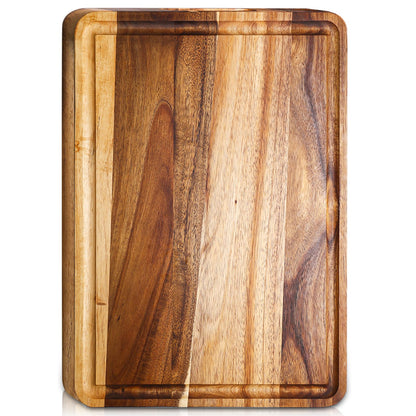 Planche à découper bois acacia rainure jus poignée – vue de face fond blanc – Duocuisine