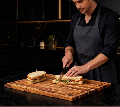 Planche à découper bois acacia rainure jus poignée avec une personne et son sandwich