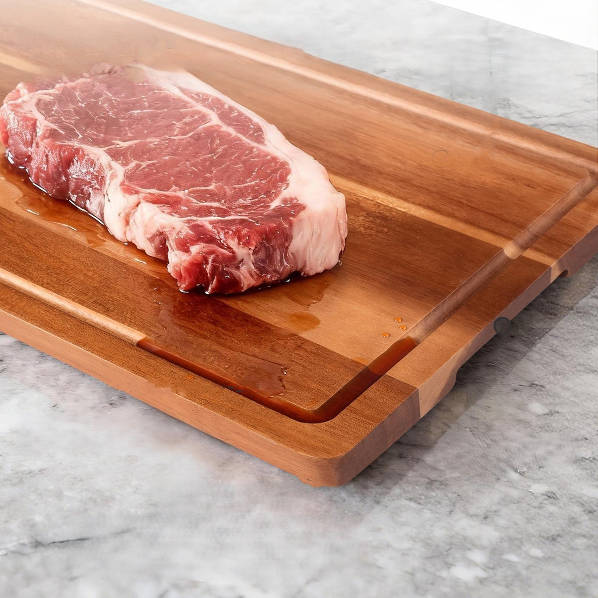 Planche à découper bois acacia rainure jus poignée avec steak
