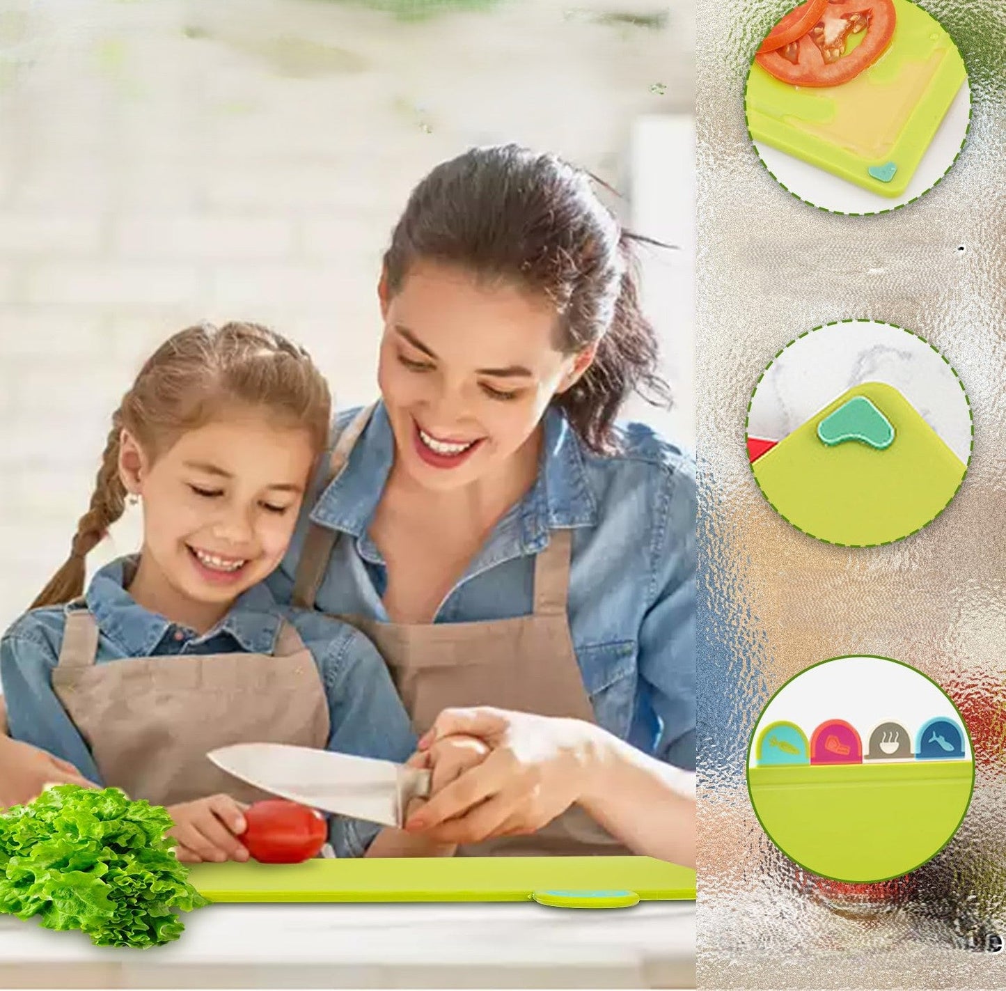 Mère et enfant utilisant planche à découper plastique verte flexible – détail antidérapant et icônes alimentaires