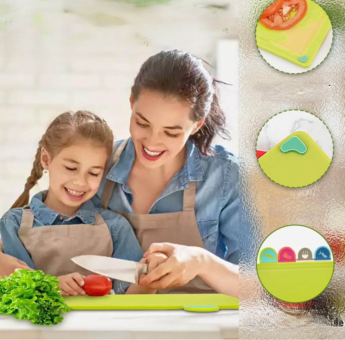 Mère et enfant utilisant planche à découper plastique verte flexible – détail antidérapant et icônes alimentaires