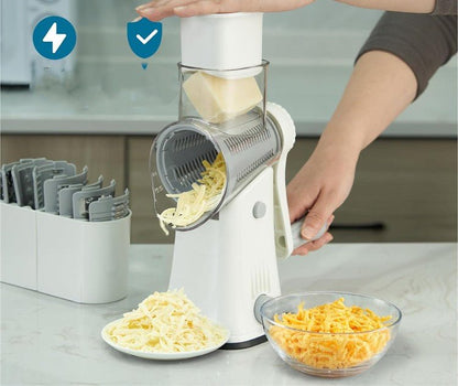 Râpe manuelle rotative blanche – râpage carotte julienne dans bol transparent – vue de face