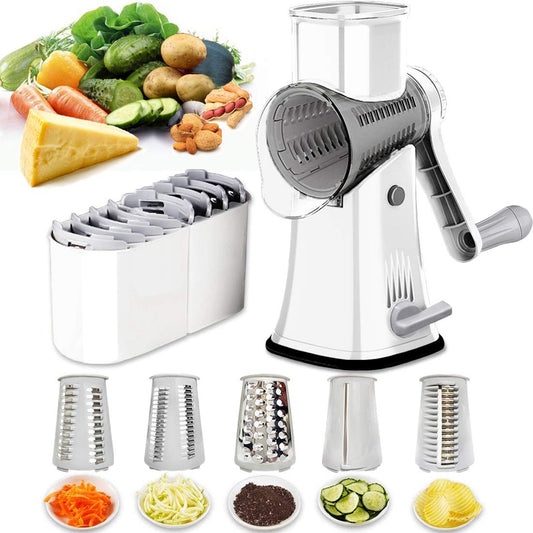 Râpe à légumes manuelle rotative blanche – 5 tambours inox interchangeables – râpe carottes fromage concombre – Duocuisine