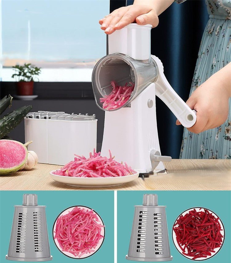 Râpe manuelle rotative blanche – détail tambour inox julienne carottes et légumes