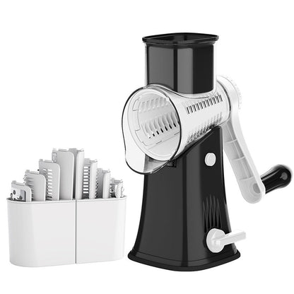 Râpe manuelle rotative noir – vue de face fond blanc avec 5 tambours inox interchangeables