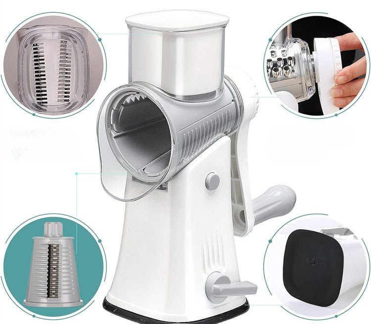 Râpe manuelle rotative blanche – détail tambour inox fin râpage fromage et légumes