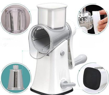 Râpe manuelle rotative blanche – détail tambour inox fin râpage fromage et légumes