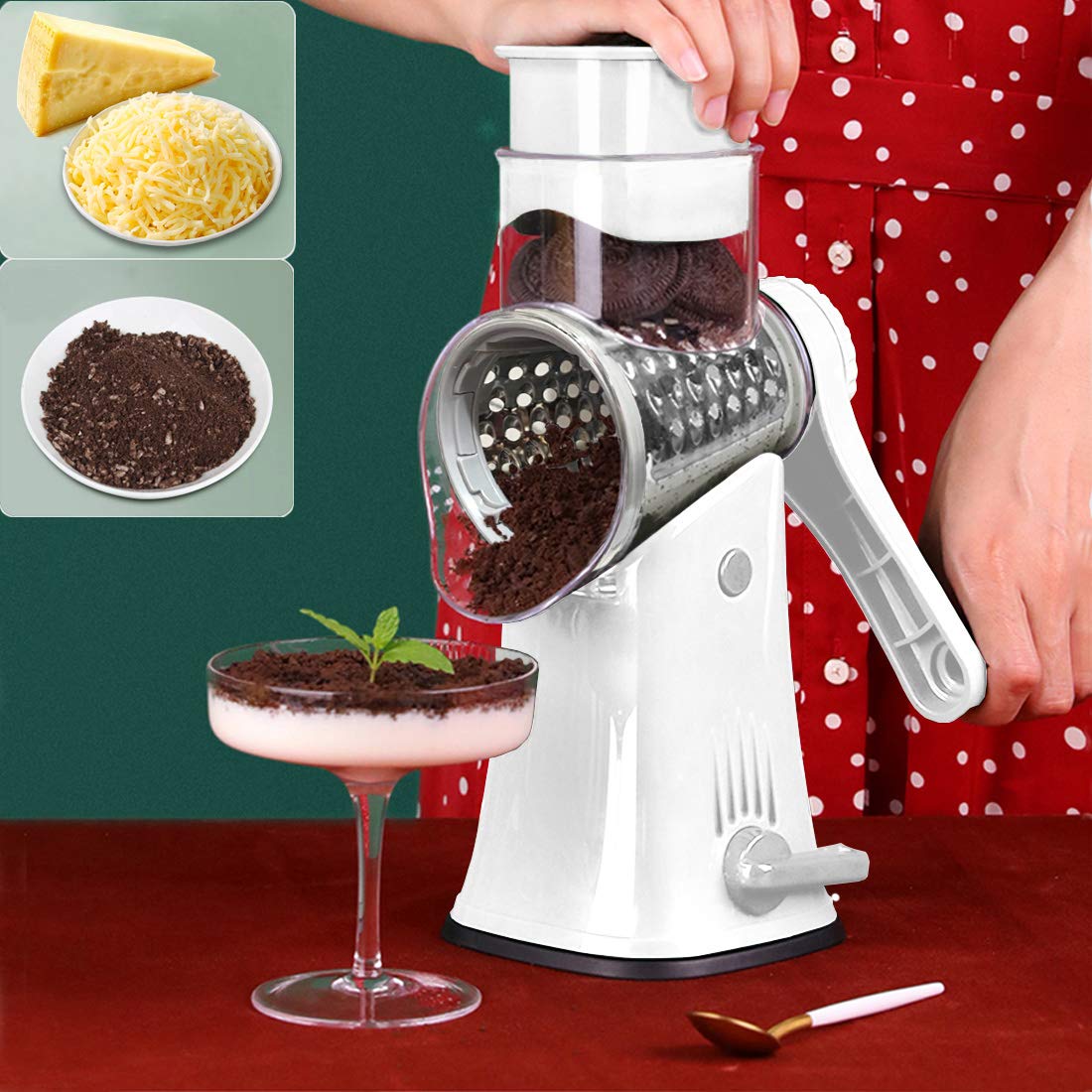 Râpe manuelle rotative blanche – râpage chocolat biscuit sur verre à cocktail – tambour fin inox