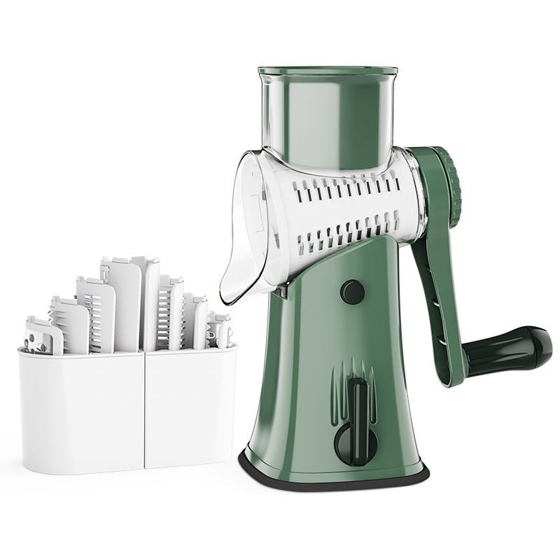 Râpe manuelle rotative verte – vue de profil fond blanc bac collecteur transparent