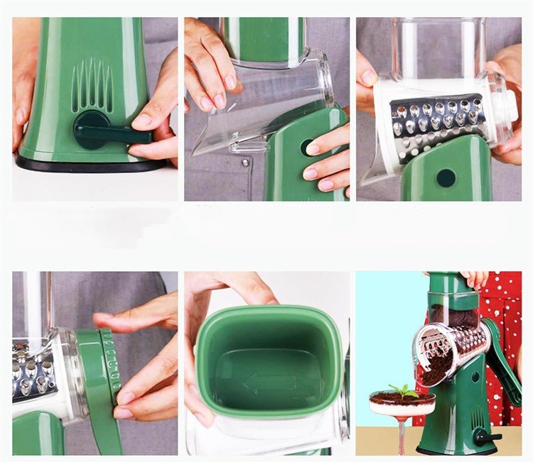 Râpe manuelle rotative verte – détail ventouse antidérapante bac collecteur et changement tambour – 5 vues